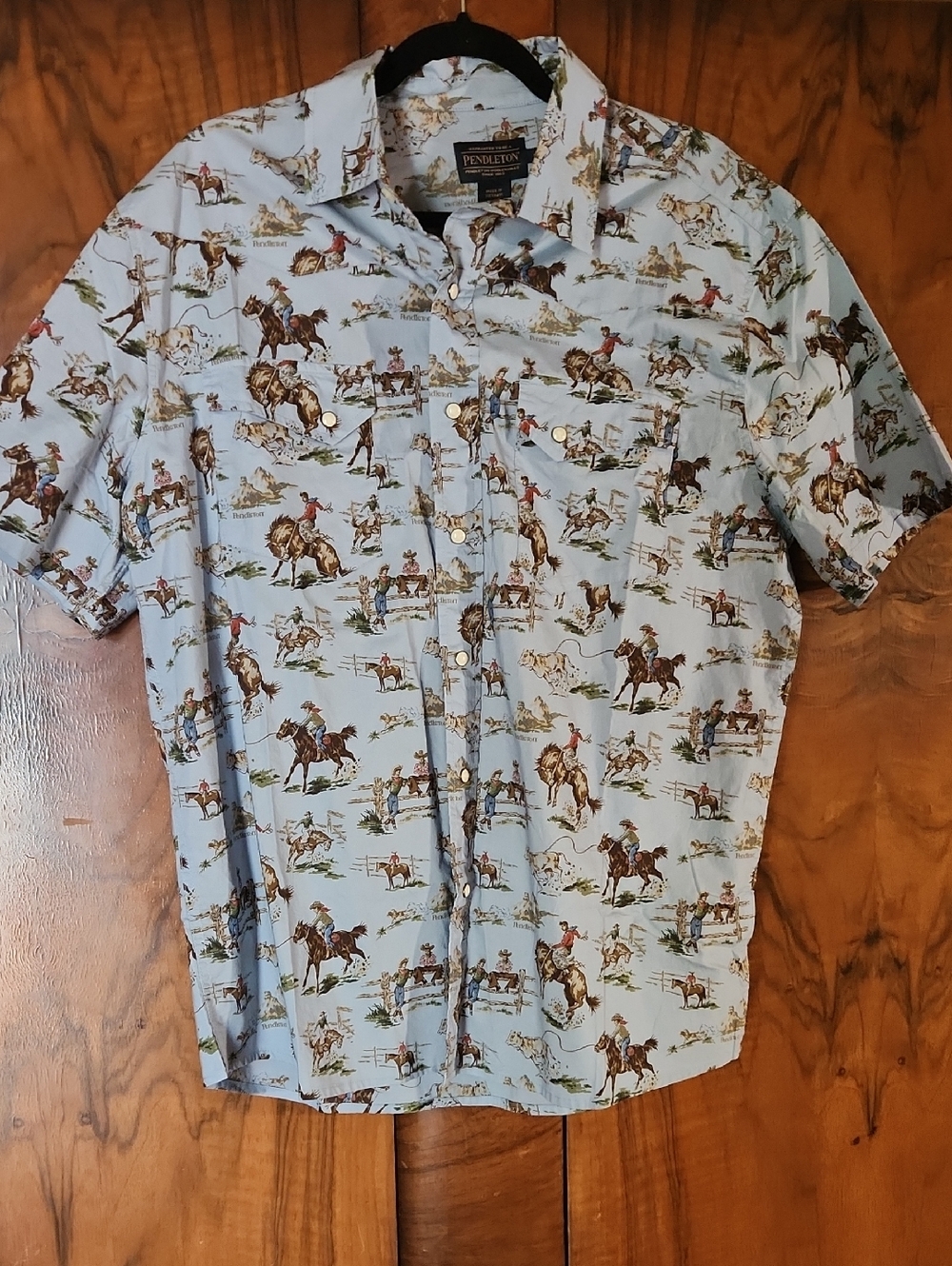 Pendleton Light Blue Western Cowboy Print Short Sleeve Shirt 100% Cotton Men's L